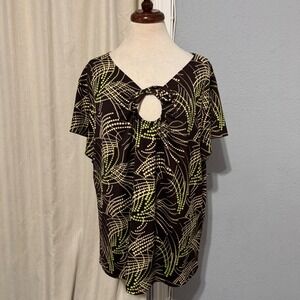 KC Stevens Brown Green Dot Swirl V Neck Keyhole‎ Knot Tie Short Sleeve Top 2X